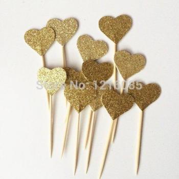 Gold Glitter Heart Food Picks