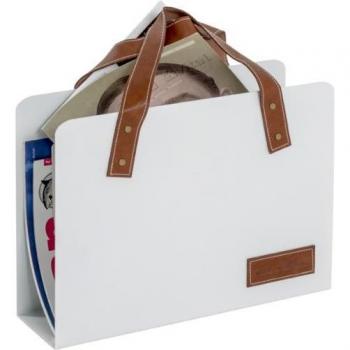 Revistero de Cuero Marrón y Accesorios Metálicos en Blanco H38