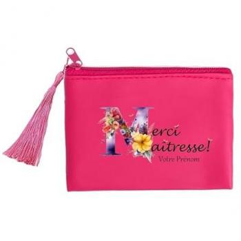 Porte-monnaie Taperso rose avec inscription Merci Maîtresse et fleurs