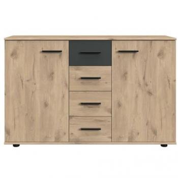 Lomadox Kommode BRADFORD-43, 130 cm, 2 Türen, 4 Schubladen Eiche mit Graphit
