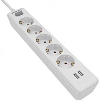 Bloc électrique Philips 5 ports SPN3052WB/10, 230 V, blanc, équipé de USB et d’un interrupteur général