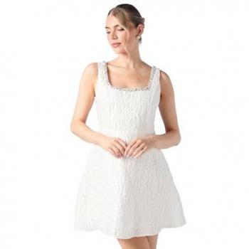 Coastal Chic: Ivory Jacquard Mini Skirt Dress with Jewel Trim