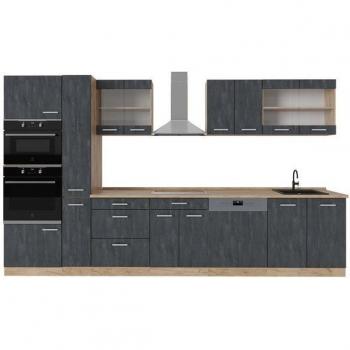 R-Line 350 cm – Cuisine complète en Béton Noir et Chêne Doré (Vicco)