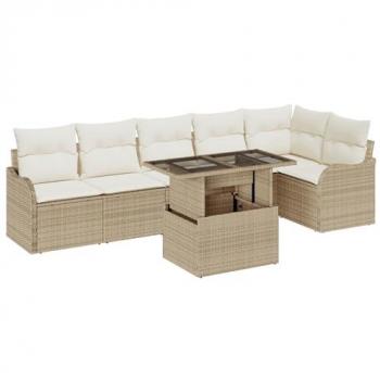 Gartenlounge 7‑teiliges Sofaset aus Poly Rattan beige, Kissen enthalten – vidaXL