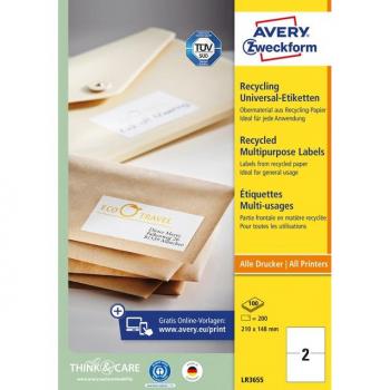 Etiket Avery Zweckform LR3655 210x148mm A5 recycled wit 200 stuks