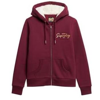 Superdry Femme Sweatshirt a Cappuccio Zippato, Logo Metallizzato in Burgundì, Linea Luxe