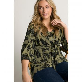 Giacca in cotone cropped con stampa erbosa, scollo a V e maniche a 3/4, Donna, Marrone