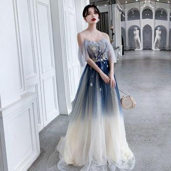 Boat Neck Sequins Evening Dress in Gradient Blue