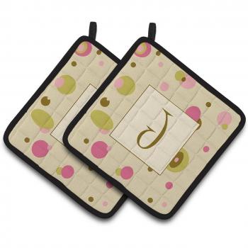 Multicolor Fabric Pair of Pot Holders with Tan Dots and Letter J Initial Monogram by Caroline's Treasures