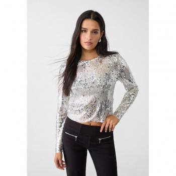 Langärmliges Paillette-Shirt in Ecru – Stradivarius