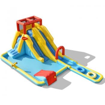 Parc Aquatique Costway Double Toboggan, Jeu de Basket-Ball & Pistolet à Eau