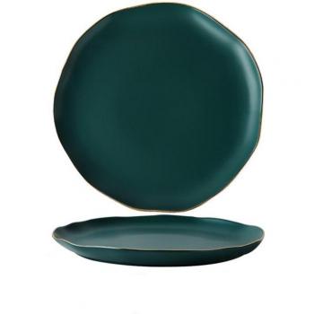Plato decorativo verde oscuro con borde dorado para comedor