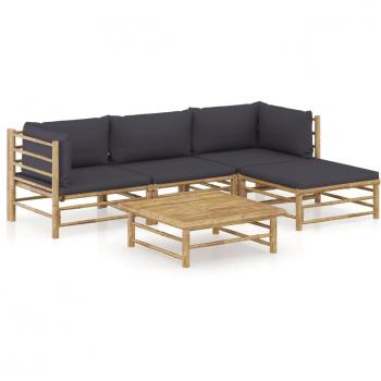 Set Salotto da Giardino 5pz con Cuscini Grigio Scuro in Bambù