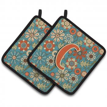 Caroline's Treasures Letter C Flowers Retro Blue Pot Holders