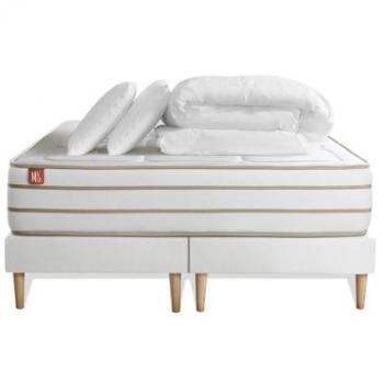 Set Nuit Douceur : Matelas Mémoire BioVisco + Sommier Blanc, 2 Oreillers et Couette – 180x200 cm