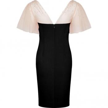Vestido de fiesta negro con manga corta y cuello de pico