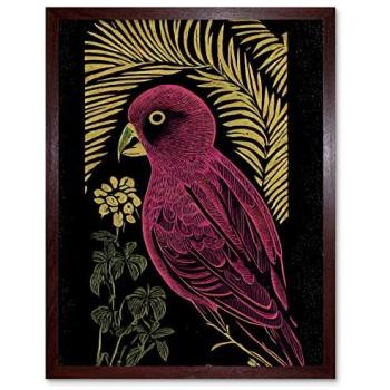 Vintage Linocut Pink Parrot in Black & Gold – Wall Decor