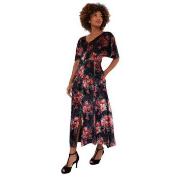 V-Neck Rose Floral Velvet Dress – Black, 12 (Women's)