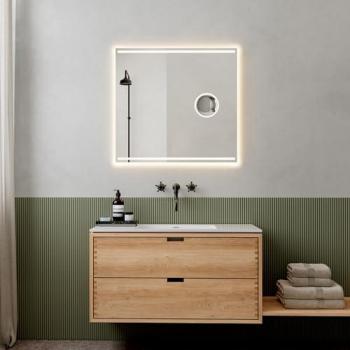 Loevschall Badspiegel Focus, Spiegel mit LED-Beleuchtung, integrierter Schminkspiegel, 80 cm x 75 cm x 2,5 cm, weiß, x5 Vergrößerung