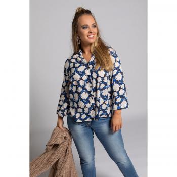 Blusa Ulla Popken Donna Fantasia Floreale Righe Brillanti Collo Ruche Maniche Lunghe Blu 64/66