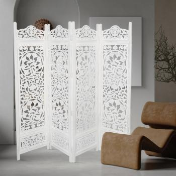 4 Panel Decorative Wooden Screen with Lotus Design