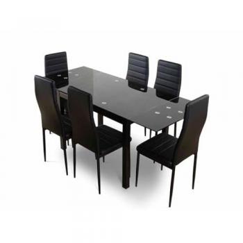 Mesa Extensible de Cristal 170cm y 6 Sillas de Polipiel