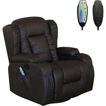 Brown Leather Swivel Recliner Armchair with Heated Massage Feature