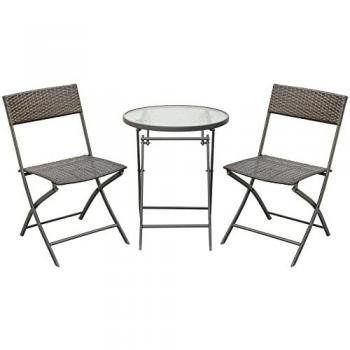 Ensemble de jardin bistrot pliable 2 places avec table ronde en verre trempé et chaises en résine tressée chocolat