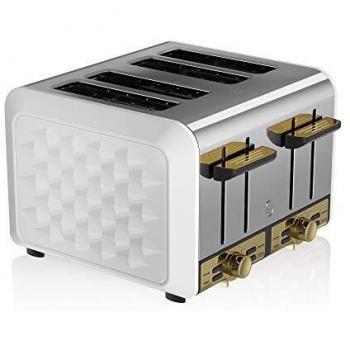 Swan Gatsby Dual‑Tone 4‑Slice Toaster – White/Diamond Pattern, Gold Trim
