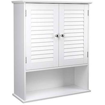 Armario colgante de baño con puertas de persiana, estante ajustable y compartimento abierto, 20x60x70 cm, blanco
