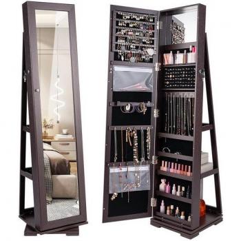 COSTWAY 360° drehbarer Schmuckschrank mit Spiegel und Stauraum