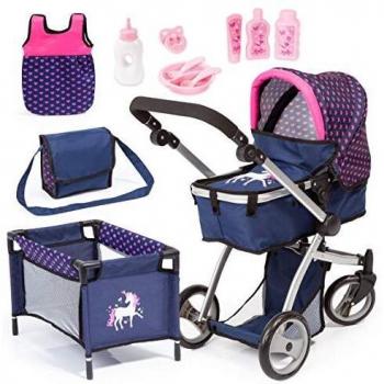 Bayer Puppenwagen Mega, blau, (Set), mit Reisebett, Schlafsack, Puppentrage, Wickeltasche und Zubehör