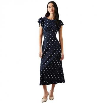 Navy Spot Print Ruffle Sleeve Midi Dress for Women