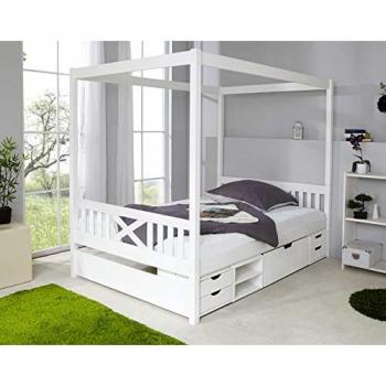 TiCAA Himmelbett Lino 140x200 cm Weiß mit 4 Schubkästen aus Kiefer Massivholz