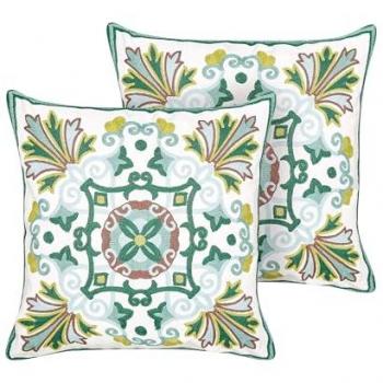 Set di 2 Cuscini Decorativi in Cotone Verde con Motivo Orientale Ricamato 45 x 45 cm