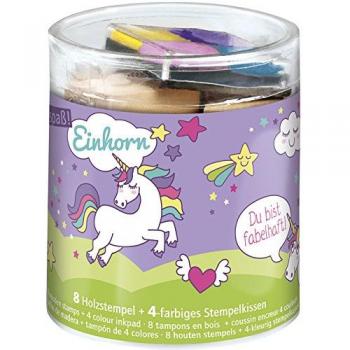 Moses 26130 Einhorn‑Stempelbox – 8 Holzstempel + Stempelkissen (Mini)