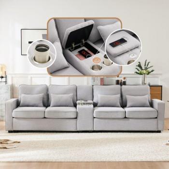 Hauss Spole Salon 200x83x88 cm – Canapé droit 4 places, lin gris clair, poches latérales, deux ports USB