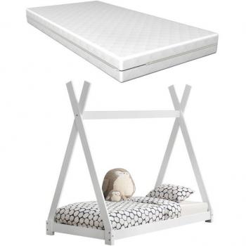 Lit Tipi Douceur 80x160 cm – Bois de Pin Blanc, Sommier à Lattes et Matelas Orthopédique