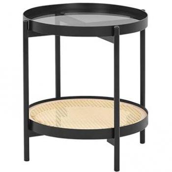 Mesa auxiliar con tablero de vidrio y base de metal, 1 estante de madera clara estilo Reno