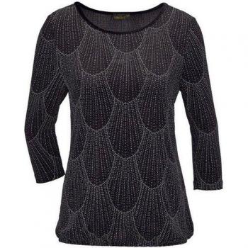 Goldner Fashion 3/4‑Armlänge Glanzshirt – Schwarzes/Silberschimmer‑Muster – Größe 42