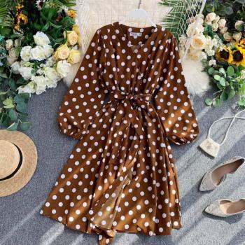 Women’s Green Polka Dot Midi Dress with Long Sleeves