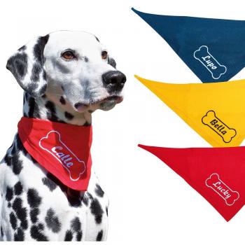 Schecker Hundehalsband‑Stofftuch Gelb – bestickt mit Knochen und Namen