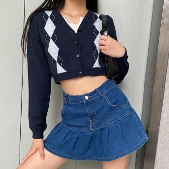 Cárdigan de otoño a cuadros para mujer, manga larga vintage