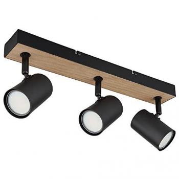 Plafoniera 3 luci in metallo e legno, colore nero, GU10, misure 41x6x13,5 cm