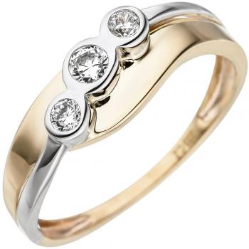 JOBO Goldring für Damen – 3 Zirkonia, Gelb‑Weiße Bicolore, Gr. 56