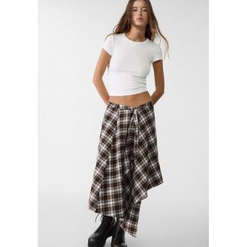 Stradivarius Brown Check Midi Skirt