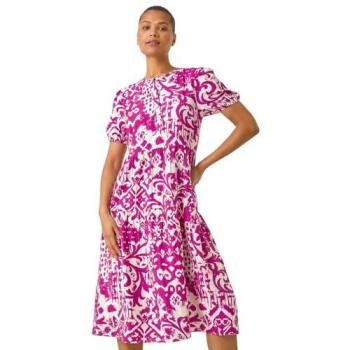 Romanische Mididress mit pinkem abstraktem Design