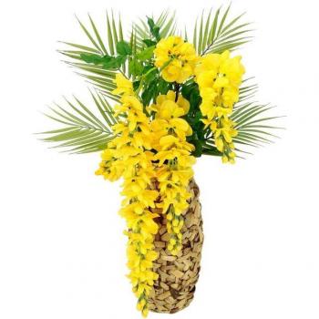 I.GE.A. Kunstblume »Goldene Palmenblüten«, Arrangement in Wasserhyazinthe-Vase