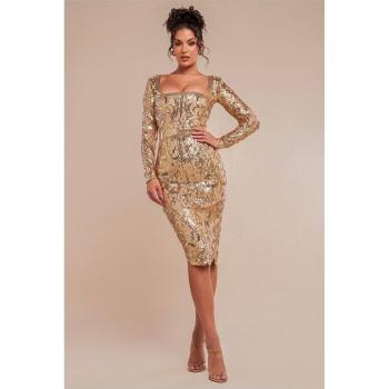 Square-Neck Gold Sequin Bodycon Midi Dress – Flared Hem