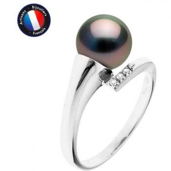 Anillo de Perlas Redondas de Tahití 8-9 mm con Diamantes en Oro Blanco